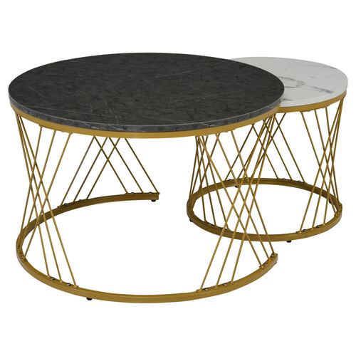 Ensemble De 2 Tables Basses Rondes Style Nesting Avec Finition Marbre Et Cadre Doré