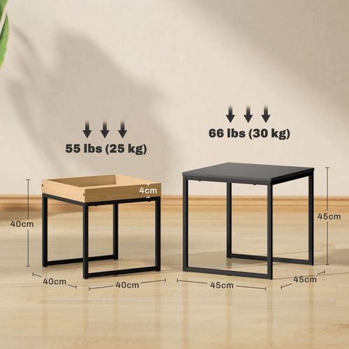 Table Basse Moderne 2 Pièces, Set De 2 Tables Carrées Mdf Et Métal Noir
