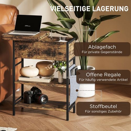 Table D’appoint Rustique Avec Prises, USB Et Deux Étagères, Brun