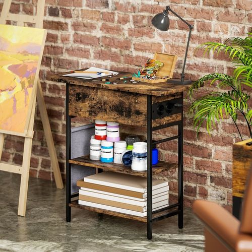 Table D’appoint Rustique Avec Prises, USB Et Deux Étagères, Brun