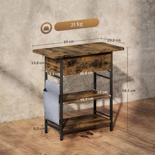 Table D’appoint Rustique Avec Prises, USB Et Deux Étagères, Brun