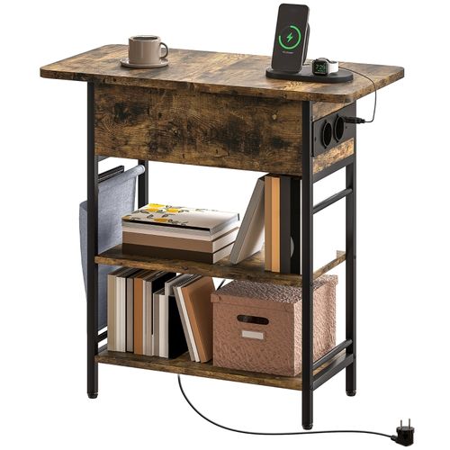 Table D’appoint Rustique Avec Prises, USB Et Deux Étagères, Brun