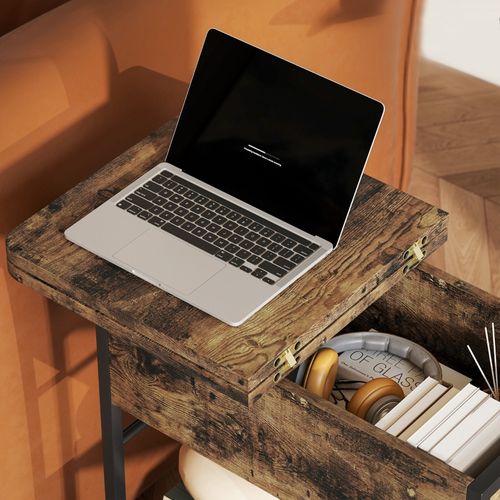 Table D’appoint Rustique Avec Prises, USB Et Deux Étagères, Brun