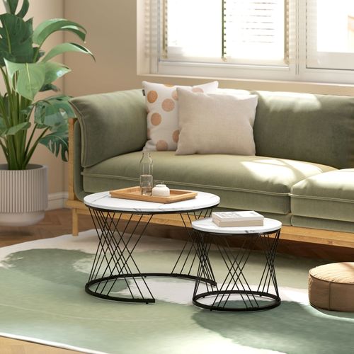 Set De 2 Tables Basses Rondes Effet Marbre, Métal Et Bois, Imbriquées