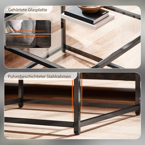 Table basse Carrée Avec Plateau Verre Trempé Et Cadre Métal Noir