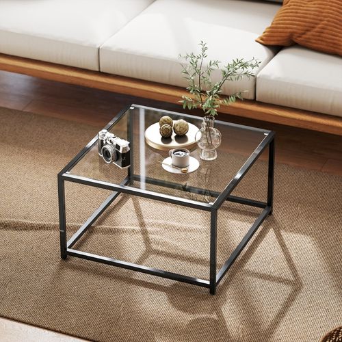 Table basse Carrée Avec Plateau Verre Trempé Et Cadre Métal Noir