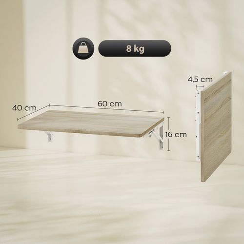 Bureau Mural Rabattable 60x40 Cm, Table Pliante Compacte Effet Chêne