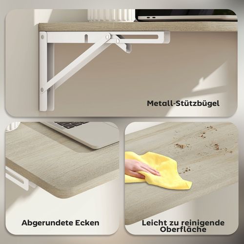 Bureau Mural Rabattable 60x40 Cm, Table Pliante Compacte Effet Chêne