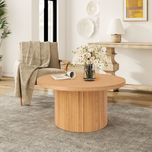 Table Basse Ronde En Bois Massif, 90x90x45 Cm, Finition Naturelle