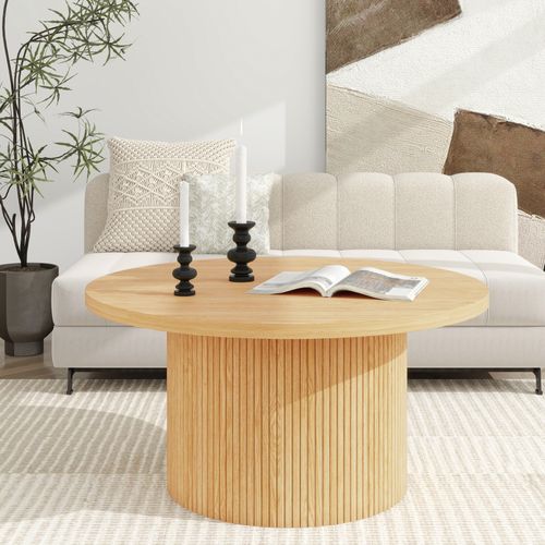 Table Basse Ronde En Bois Massif, 90x90x45 Cm, Finition Naturelle