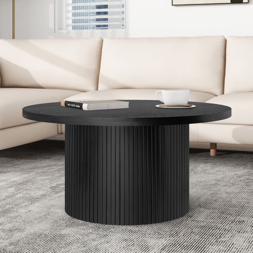 Table Basse Ronde En Bois Massif 90x90x45 Cm, Finition Noire Moderne