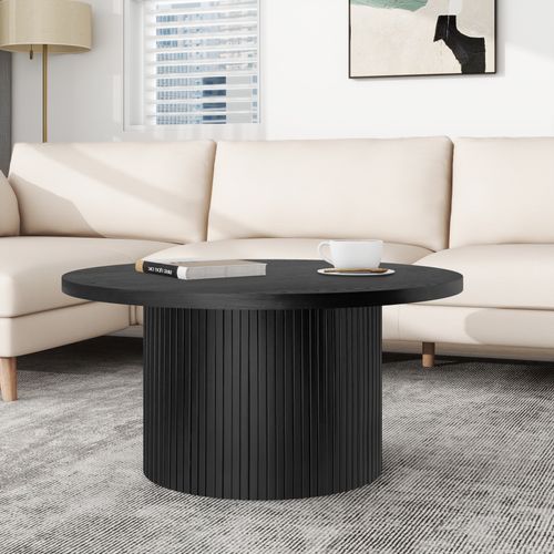 Table Basse Ronde En Bois Massif 90x90x45 Cm, Finition Noire Moderne