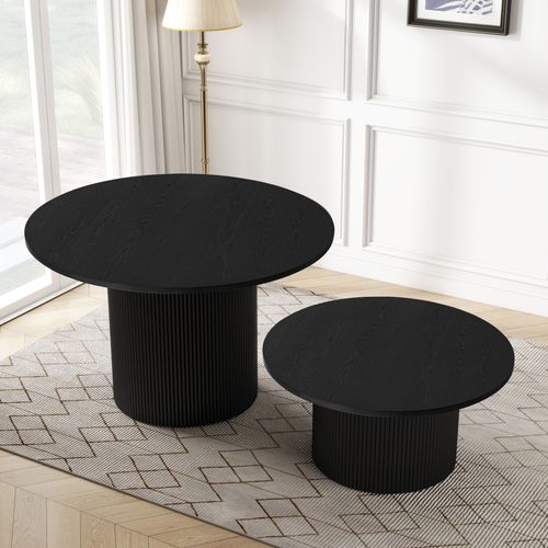 Table Basse Ronde En Bois Massif 90x90x45 Cm, Finition Noire Moderne