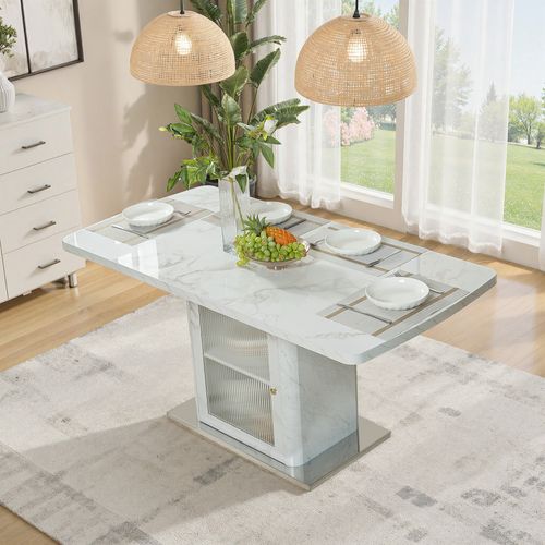 Table à Manger Extensible 120-160 Cm Effet Marbre Blanc Avec Meuble De Rangement Et Base Métal