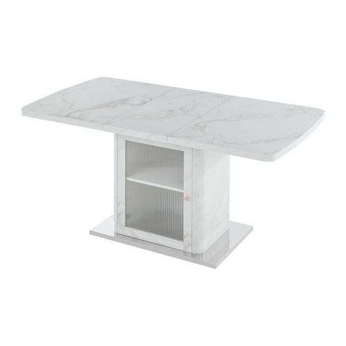 Table à Manger Extensible 120-160 Cm Effet Marbre Blanc Avec Meuble De Rangement Et Base Métal