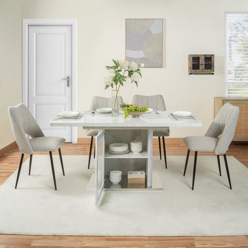 Table à Manger Extensible 120-160 Cm Effet Marbre Blanc Avec Meuble De Rangement Et Base Métal