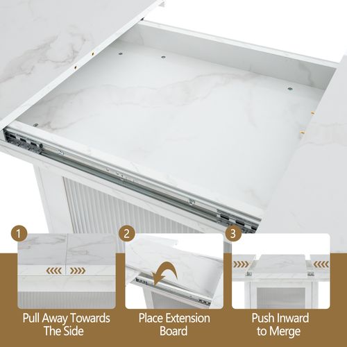 Table à Manger Extensible 120-160 Cm Effet Marbre Blanc Avec Meuble De Rangement Et Base Métal