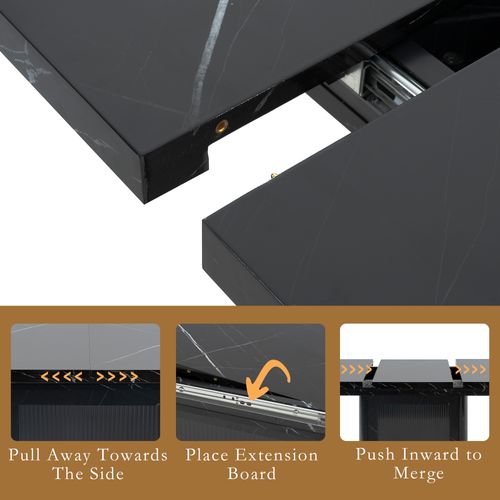 Table à Manger Extensible 120-160 Cm Effet Marbre Noir Avec Meuble De Rangement Et Base Métal