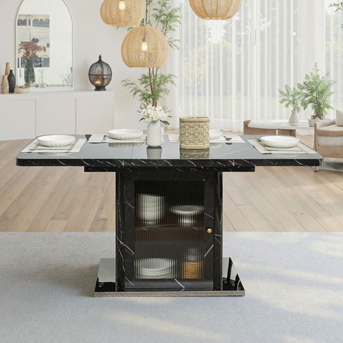 Table à Manger Extensible 120-160 Cm Effet Marbre Noir Avec Meuble De Rangement Et Base Métal