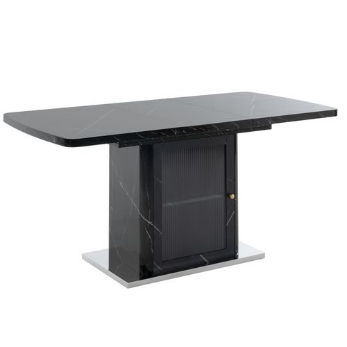 Table à Manger Extensible 120-160 Cm Effet Marbre Noir Avec Meuble De Rangement Et Base Métal