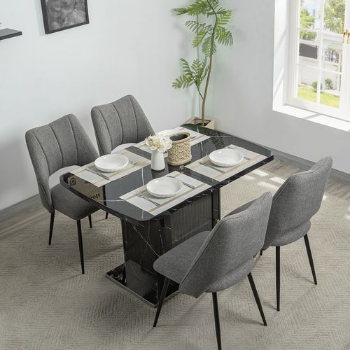 Table à Manger Extensible 120-160 Cm Effet Marbre Noir Avec Meuble De Rangement Et Base Métal