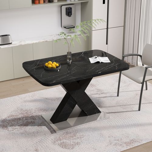 Table à Manger Extensible 120-160 Cm Effet Marbre Noir Avec Pied En X Et Base Métal