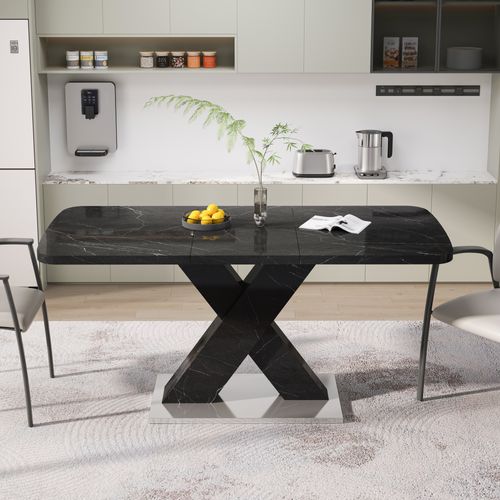 Table à Manger Extensible 120-160 Cm Effet Marbre Noir Avec Pied En X Et Base Métal