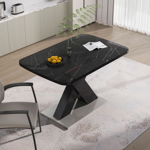 Table à Manger Extensible 120-160 Cm Effet Marbre Noir Avec Pied En X Et Base Métal