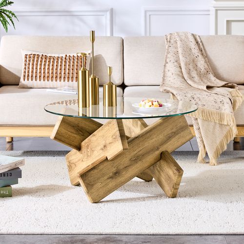 Table Basse Ronde En Verre Trempé 79 Cm Avec Piètement Bois Croisé Mdf Multicolore