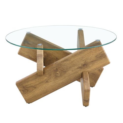 Table Basse Ronde En Verre Trempé 79 Cm Avec Piètement Bois Croisé Mdf Multicolore