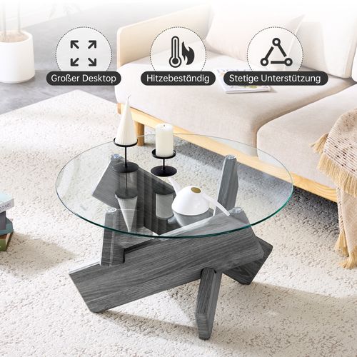 Table Basse Ronde Moderne Mdf Et Verre Avec Pieds Croisés Gris 79 Cm