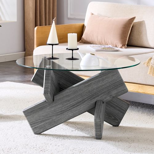 Table Basse Ronde Moderne Mdf Et Verre Avec Pieds Croisés Gris 79 Cm