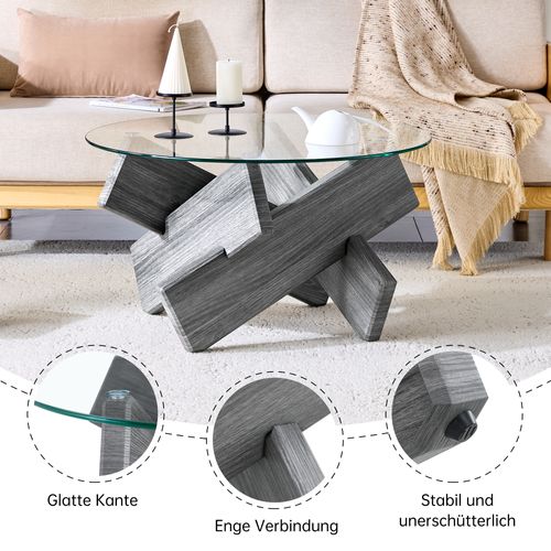 Table Basse Ronde Moderne Mdf Et Verre Avec Pieds Croisés Gris 79 Cm