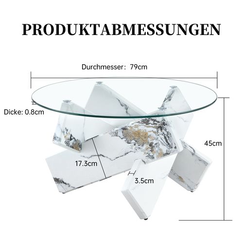 Table Basse Ronde Moderne En Mdf Et Verre Avec Pieds Imitation Marbre Blanc 79 Cm