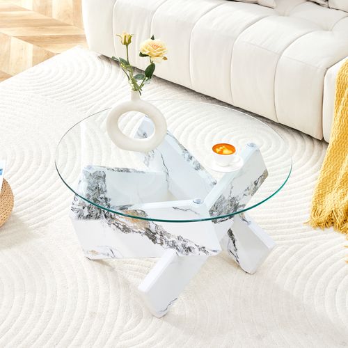 Table Basse Ronde Moderne En Mdf Et Verre Avec Pieds Imitation Marbre Blanc 79 Cm
