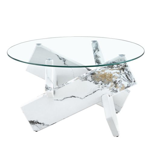 Table Basse Ronde Moderne En Mdf Et Verre Avec Pieds Imitation Marbre Blanc 79 Cm