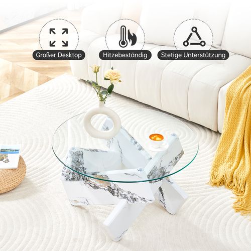 Table Basse Ronde Moderne En Mdf Et Verre Avec Pieds Imitation Marbre Blanc 79 Cm