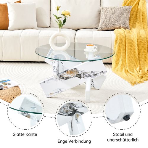 Table Basse Ronde Moderne En Mdf Et Verre Avec Pieds Imitation Marbre Blanc 79 Cm