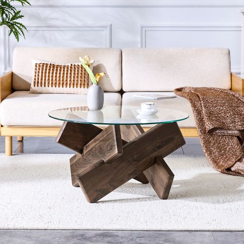 Table Basse Ronde Moderne Mdf Et Verre Avec Pieds Croisés Effet Noyer 79 Cm