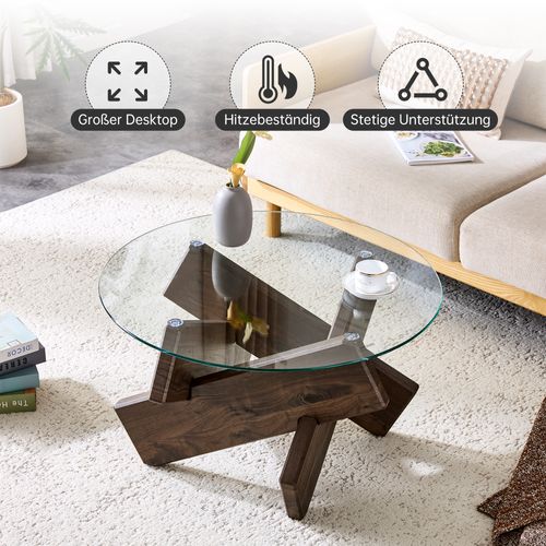 Table Basse Ronde Moderne Mdf Et Verre Avec Pieds Croisés Effet Noyer 79 Cm