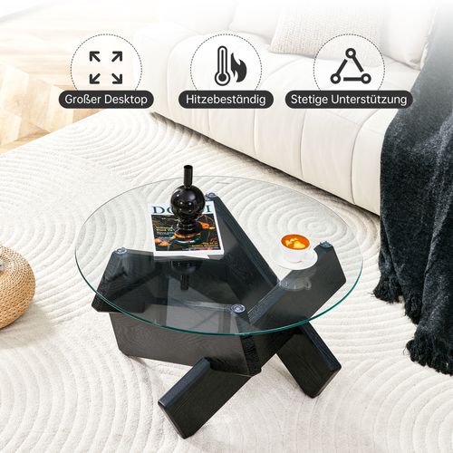 Table Basse Ronde Moderne En Mdf Et Verre Avec Pieds Croisés Noir Bois 79 Cm