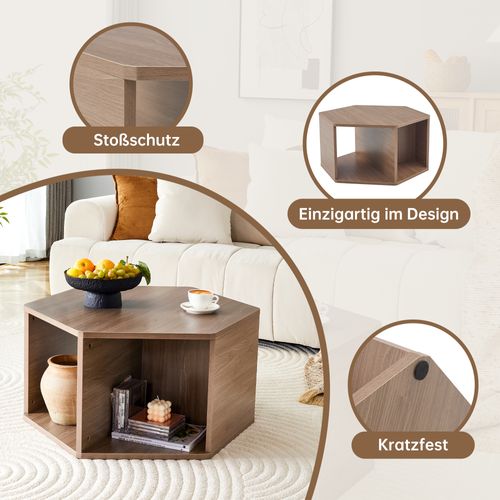 Table Basse Hexagonale Multifonction En Mdf Effet Noyer 79 X 69,4 X 48 Cm
