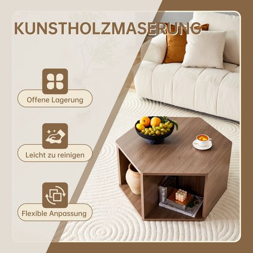 Table Basse Hexagonale Multifonction En Mdf Effet Noyer 79 X 69,4 X 48 Cm