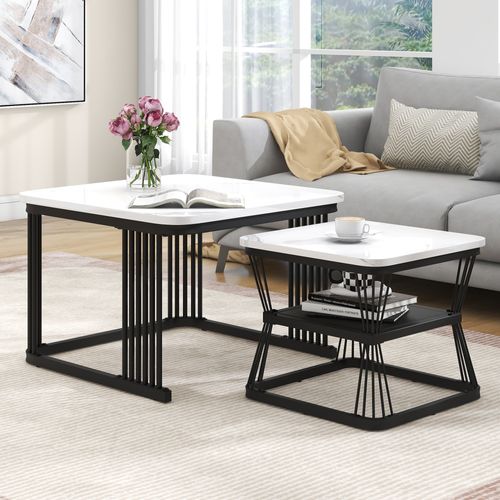 Ensemble De 2 Tables Basses Modernes, Mdf Effet Marbre Et Pieds En Acier Noir
