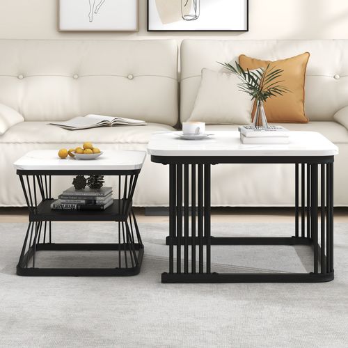 Ensemble De 2 Tables Basses Modernes, Mdf Effet Marbre Et Pieds En Acier Noir