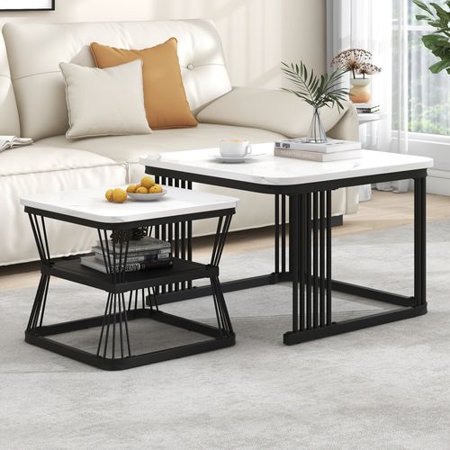 Ensemble De 2 Tables Basses Modernes, Mdf Effet Marbre Et Pieds En Acier Noir