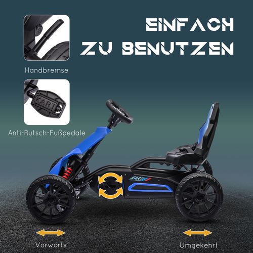 Kart à Pédales Enfant Avec Marche Avant/arrière, Siège Réglable, Roues Eva, Bleu 3–8 Ans