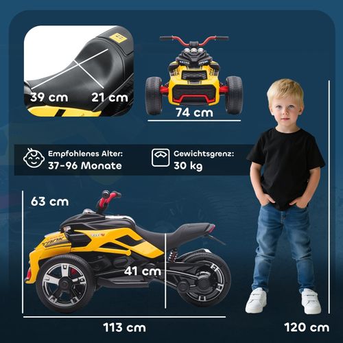 Quad Électrique Pour Enfants, Design Tricycle Inversé, LED Et Mp3, Jaune
