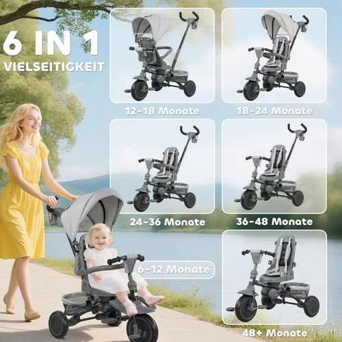 Tricycle 6-en-1 Pour Bébé Avec Siège Réglable, Guidon Et Pliable, Gris