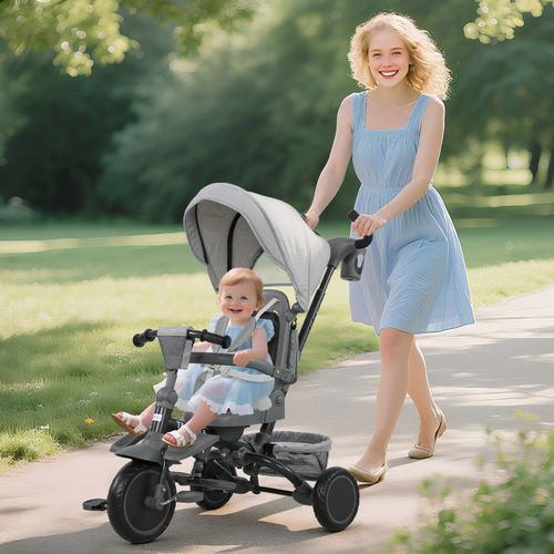 Tricycle 6-en-1 Pour Bébé Avec Siège Réglable, Guidon Et Pliable, Gris